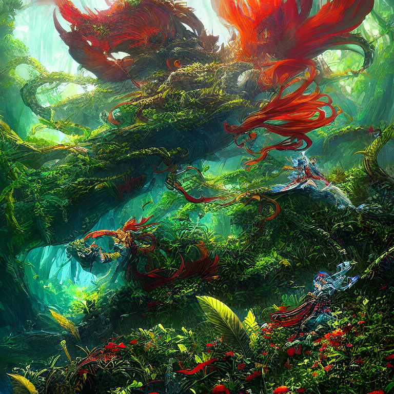  Create a close-up illustration of a beautiful character named Miku looking at camera wearing stunning and stylish fantasy armor inspired by redwood forests, dryads, and dragons. The armor should be hyper-detailed, ornate, and covered in thorns, featuring snake skin elements and plant-based components. Miku has vibrant red hair and is a powerful druid warrior. The scene should have a psychedelic aesthetic with vivid colors, intricate details, and be set within a lush landscape with towering trees reaching skyward like massive tentaclesdigital painting,hyperrealistic, fantasy, surrealist, full body , by Stanley Artgerm Lau and Alphonse Mucha,artstation ,highly detailed, sharp focus,sci-fi, stunningly beautiful, dystopian,cinematic lighting, d