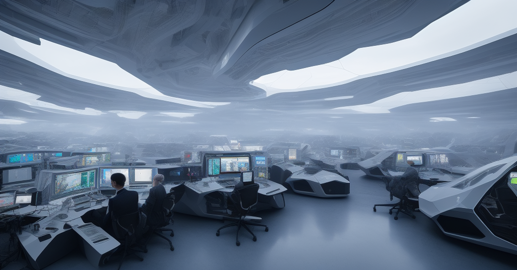 A high-tech work environment with a futuristic vibe, depicting a group of ambitious entrepreneurs working together on an AI project. The people are focused and determined, their faces shining with excitement and ideas. The room is filled with the latest technology, such as computers, holographic displays and advanced robotics. The light is bright yet soft, giving off an ethereal feeling. Photography using a macro lens for detailed close-ups of the equipment and people in the scene should be used to capture this moment in time - when ambition met technology and created something extraordinary.