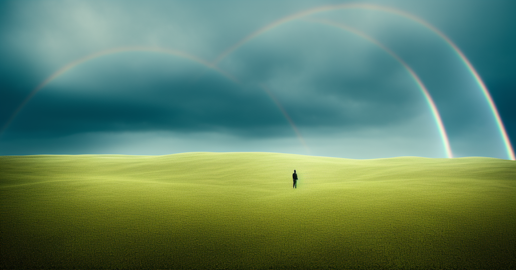 A solitary individual, standing atop a barren hill, gazes in the distance with intense determination. The sky is overcast, yet there's an atmosphere of hope and optimism. The subject stands tall and proud - a symbol of resilience in the face of adversity. A faint rainbow appears on the horizon, providing a glimmer of hope for what lies ahead. Capture this moment with an eclectic combination of macro photography and dynamic portrait styling; use deep greens and blues to evoke feelings of strength and courage with delicate flares to add hints of optimism.