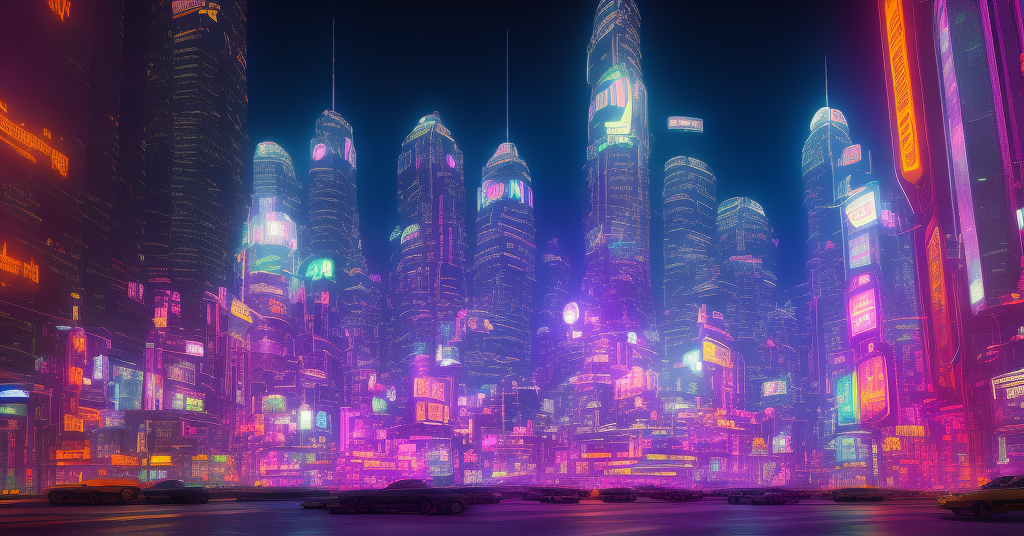 Glowing, futuristic, cyberpunk cityscape, streets filled with neon-colored lights and holograms of advertisements and signs, a feeling of awe and mystery as the sun sets behind the towering buildings, a sense of being in an unknown world. 3D Rendering with Unreal Engine 4, vibrant colors and sharp lighting to create a surreal atmosphere.