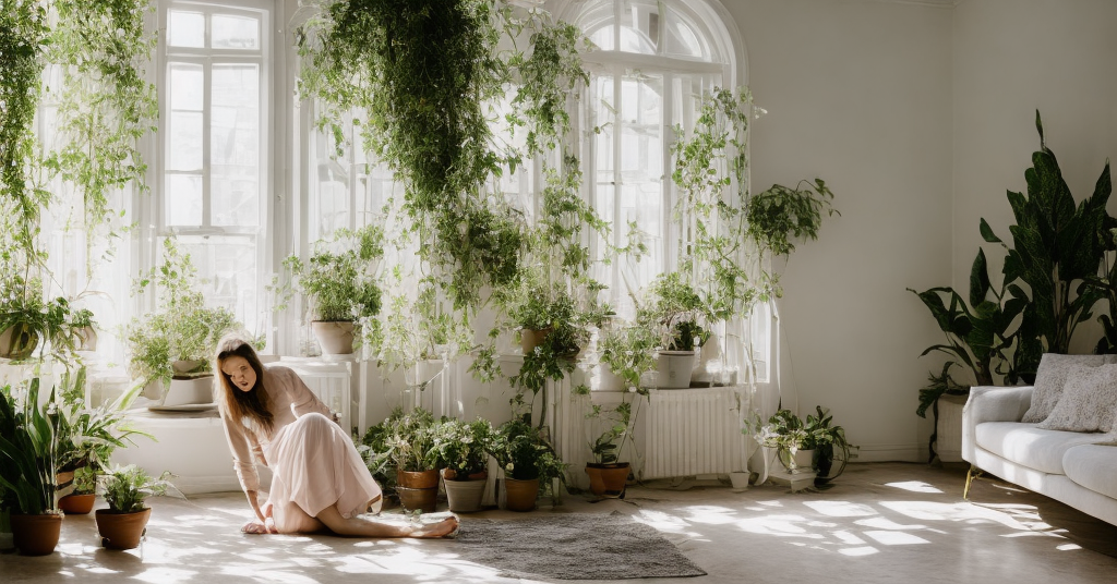 A young woman in a cozy, sunlit room, filled with plants and a warm atmosphere, wearing a light blue dress and looking out of the window with an air of contentment., Anthropomorphic features, subtle details that evoke a peaceful feeling- soft colors, elegant clothing style and an aura of tranquillity., Natural lighting to create an atmosphere of calmness and comfort. Use macro photography to capture the details in texture and color. A shallow depth of field would add a dreamy feel to the image., An inviting composition that captures the emotion in the scene. Focus on emphasizing subtle emotions through facial expression or body language., Photography using Canon EOS 6D Mark II camera with natural lighting settings (ISO -100 | F/5 | 1/400).