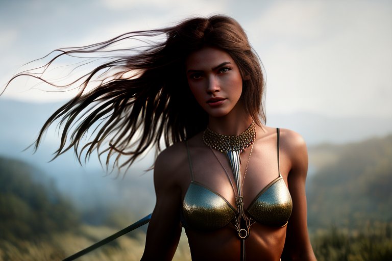 redshift style Extremely beautiful naked woman with long flowing hair and perfect breasts, wearing armour, 8k, vibrant, fantasy DSLR photography, sharp focus, Unreal Engine 5, Octane Render, Redshift, ((cinematic lighting)), f/1.4, ISO 200, 1/160s, 8K, RAW, unedited, symmetrical balance, in-frame