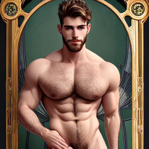  Hyper-detailed ,handsome, Caucasian, , homoerotic, 
Aver body male, hairy chest, hairy legs, well endowed, large erection, complete  body shot, full body shot, Art nouveau curvilinear frame, full body in frame, Rick Day, Dylan Rosser style photography, art nouveau circular frame, 8k resolution , no body distortion, no anatomy distortion