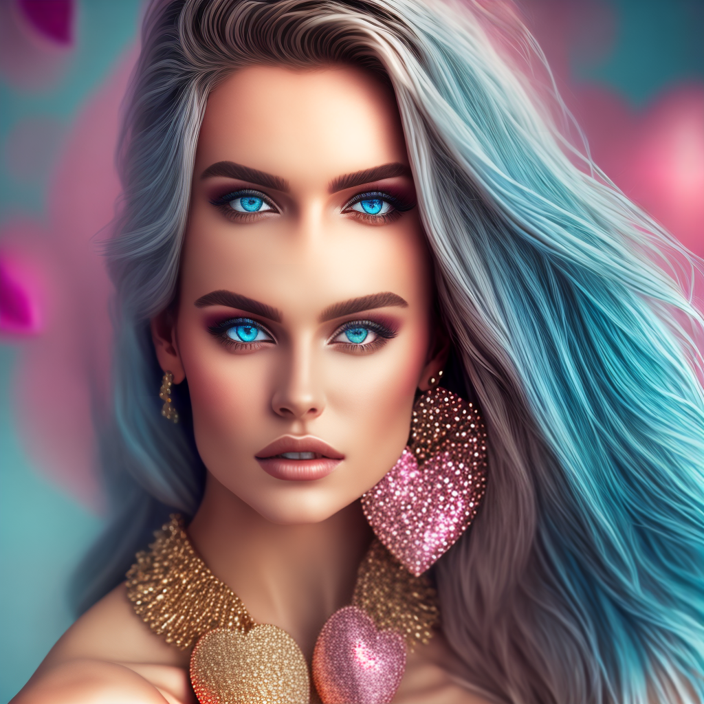 estilovintedois redshift style, (analog style:1.2), y, (ultrarealistic:1.2), (photo shoot:1.2), professional, high contrast, 1girl, solo, expressive look, (very large :1.3), hearts, light blue eyes, detailed eyes, eyes by Ilya Kuvshinov style, sharp pupils, realistic pupils, very long hair, flowing hair, aqua hair, glitter makeup, gloss lips, stud earrings, jewelry, gold necklace, perfect face, upper body, small lips, face shot, (closeup:1.2), (extreme closeup:1.2), cleav, breast focus, from above, masterpiece, best quality, HDR, viewpoint, highest quality, sharp focus, looking at viewer, facing viewer, 8k, abstract background, colorful background, pink hearts in background, skin pores, intricate skin texture, realistic skin, asymmetrical bang