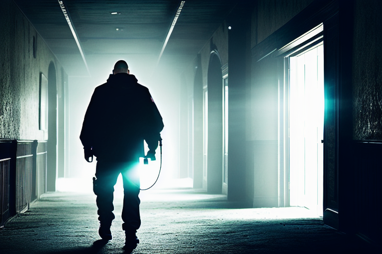 modelshoot style A big man with shaved head and black and grey beard wearing thick rimmed glasses, ghost hunter shining light down a dark hallway, creepy haunted house, futuristic backpack, flashlight, black pump shotgun DSLR photography, sharp focus, Unreal Engine 5, Octane Render, Redshift, ((cinematic lighting)), f/1.4, ISO 200, 1/160s, 8K, RAW, unedited, symmetrical balance, in-frame