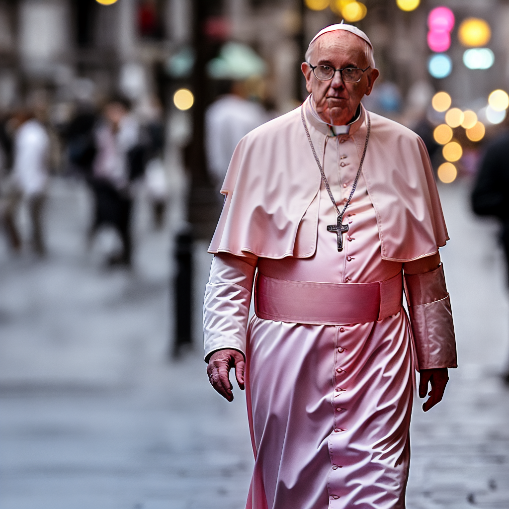  Pope Franzis walking in street, glasses, pink shirt
