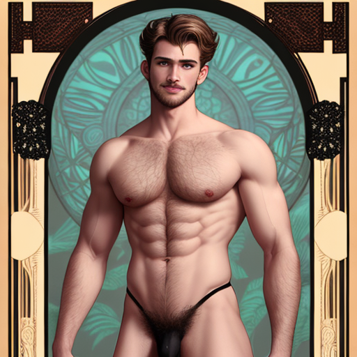  Hyper-detailed ,handsome, Caucasian, , homoerotic, 
Aver body male, hairy chest, hairy legs, well endowed, large erection, complete  body shot, full body shot, Art nouveau curvilinear frame, full body in frame, Rick Day, Dylan Rosser style photography, art nouveau circular frame, 8k resolution , no body distortion, no anatomy distortion