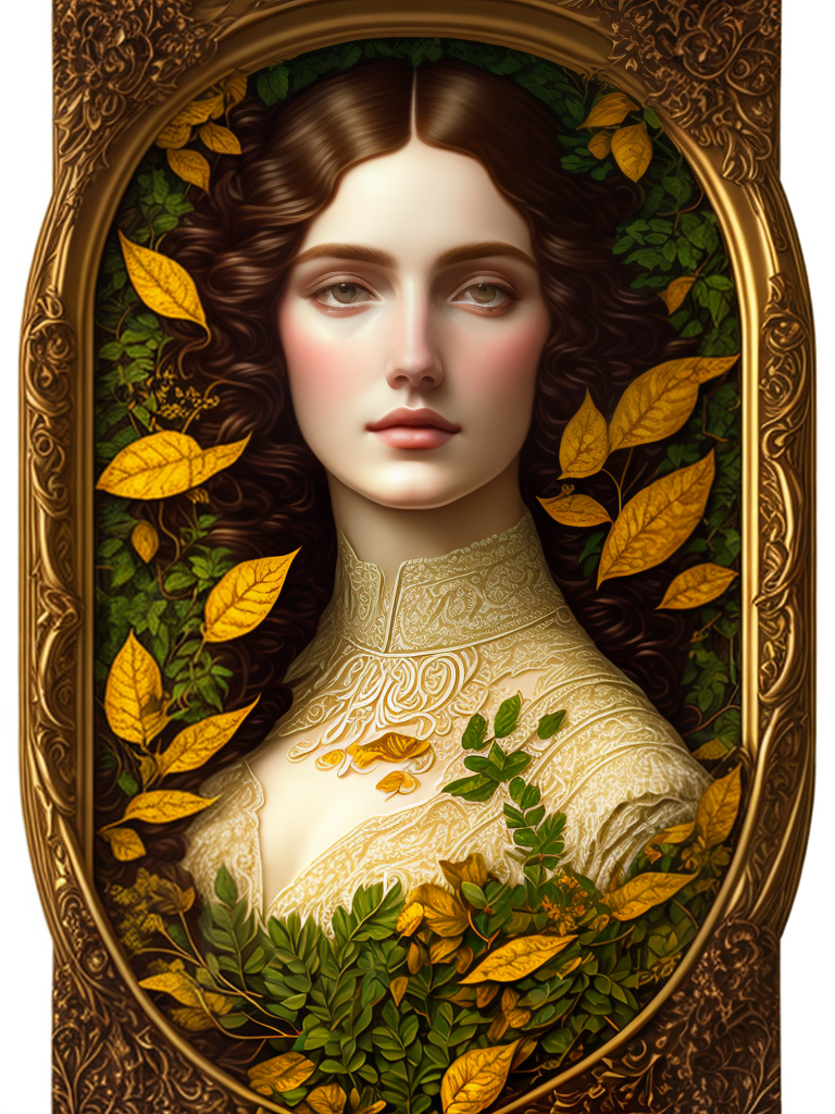 estilovintedois masterpiece beautiful seductive flowing curves preraphaelite face portrait amongst leaves, extreme close up shot, straight bangs, thick set features, yellow ochre ornate medieval dress, horns, amongst foliage mushroom forest circle arch framed with plants, kilian eng and frederic leighton and rosetti, 4k