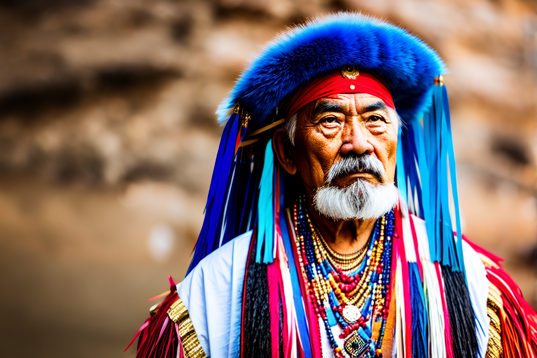  portrait photo of a asia old warrior chief, tribal panther make up, blue on red, side profile, looking away, serious eyes, 50mm portrait photography, hard rim lighting photography–beta –ar 2:3 –beta –upbeta –upbeta