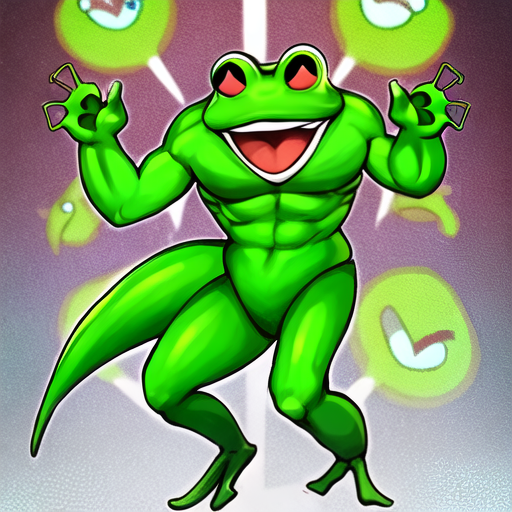  Full length hero for a game or cartoon. Frog-man. Various green shades. Roth smiles. Dancing.