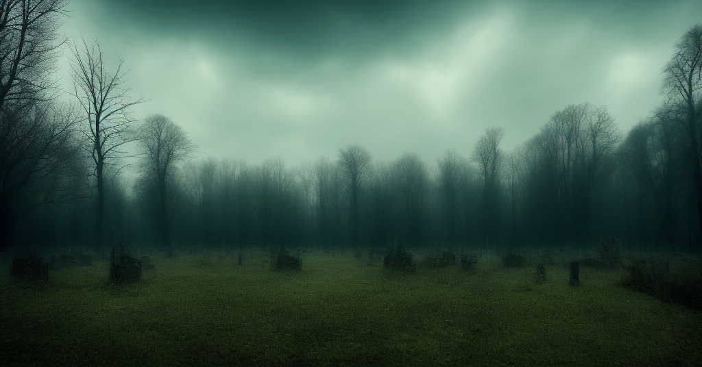 Dark, eerie forest, gloomy sky, abandoned graveyard, forbidden air of mystery and suspense, trees swaying in the wind with an ominous whisper. Camera set to capture a wide angle for an immersive experience and to make the viewer feel like they are part of the scene.