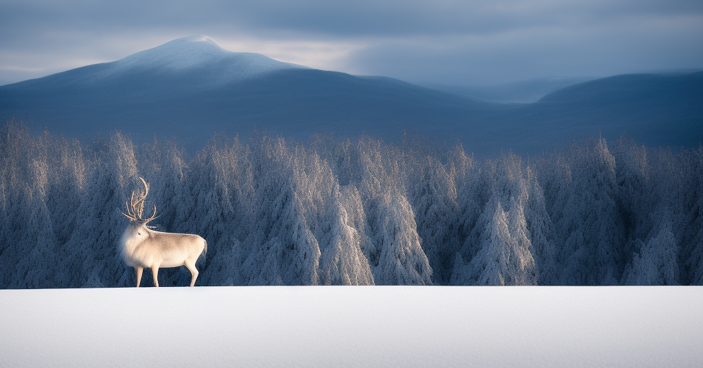 A majestic stag standing atop a snow-covered mountain, looking off into the horizon, its antlers piercing the sky., Majestic, noble, powerful; the stag stands tall and proud. Its fur glistening in the sun's rays, creating a shimmering effect. The mountain is blanketed in snow, while pine trees stand tall against the white landscape. A light wind ruffles its fur as it stares off into the distance., Crisp air and bright sunlight create an atmosphere of clarity and serenity. The snow beneath its feet crunching with every step taken on an otherwise silent mountain top. A gentle yet powerful presence radiates from this majestic animal., Capture this scene through photography with macro lens capabilities to capture intricate details of both wildlife and environment or an illustration working with traditional media like pastel pencils or watercolors to create a soft yet vibrant image that conveys peacefulness and grandeur at once.