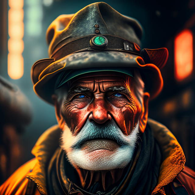 estilovintedois A portrait of an old coal miner in 19th century, beautiful painting, Cyberpunk, Pop art, HQ, Hightly detailed, 4k, Gorgeous face, Depth of field, Magic neon