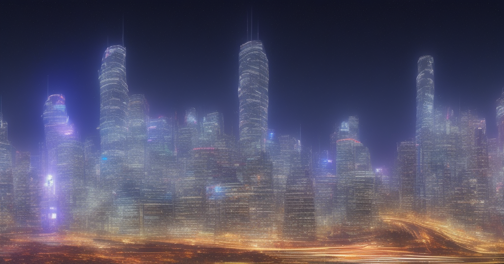 An expansive, futuristic cityscape of glass and steel towers, lit up against the night sky, a glowing beacon of progress and modernity., Detailed descriptions about the image: A sprawling skyline of towering buildings with bright neon lights interspersed between them. The city is bustling with cars and people going about their lives. The air has a slight chill to it and the stars glimmer in the night sky above. In the distance, a large ferris wheel slowly spins., Detailed descriptions about the environment: The scene takes place at night in a large metropolitan city. Bright streetlights illuminate the area while tall skyscrapers fill in every corner of viewable space. Cars can be seen driving around on roads below while people walk around enjoying their nights out., Detailed descriptions about mood/feelings & atmosphere: A feeling of awe-inspiring progress emanates from this setting; it's hard not to be taken aback by how much humanity has accomplished here. There's an air of excitement that permeates throughout as we get lost in its grandeur., Detailed description about how prompt should be realized: Photography with macro lens to capture detail shots or wide angle lens for landscape shots; camera settings should include long exposure for night time scenes (i.e slow shutter