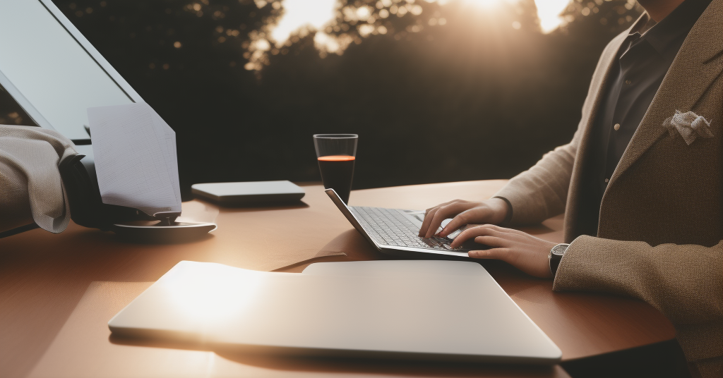 A silhouetted image of a person using Google, with the sun setting in the background and a laptop on their lap, surrounded by a feeling of being content and relaxed, captured with an SLR camera in portrait mode with a wide aperture.