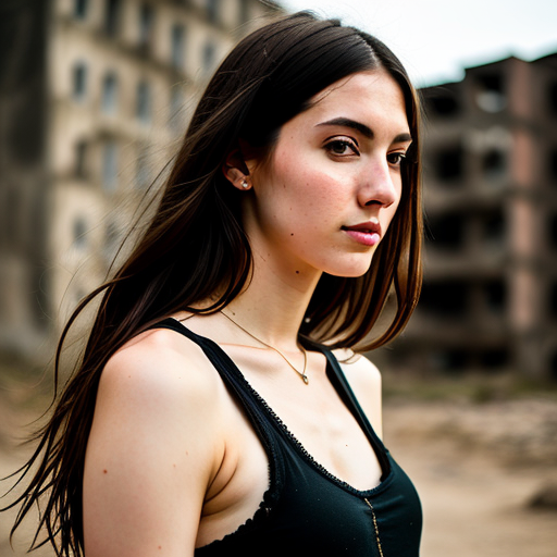  RAW photo, a close up portrait photo of 26 y.o woman in wastelander clothes, long haircut, pale skin, slim body, background is city ruins, (high detailed skin:1.2), 8k uhd, dslr, soft lighting, high quality, film grain, Fujifilm XT3