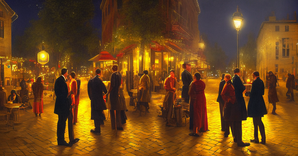 A group of people standing outside a café, eagerly awaiting the outcome of the evening. They all appear to be wearing their best clothes and are talking in hushed tones. The street is illuminated by flickering warm yellow street lights and the atmosphere is pregnant with anticipation. Realize this scene with a digital painting, using bold colors and clean lines to convey the excited energy of the night.