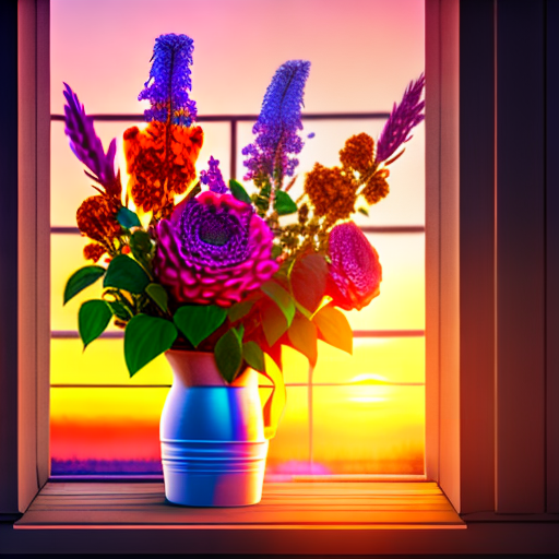 estilovintedois a beautiful bouquet of realistic colorful flowers in a window on a farm at sunset