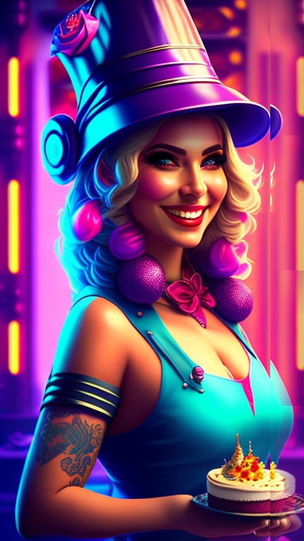 estilovintedois A smiling woman, aproon, cake bar, chef hat, epic realistic, intricate details, Cyberpunk, Pop art, HQ, Hightly detailed, 4k, Gorgeous face, Depth of field, Magic neon