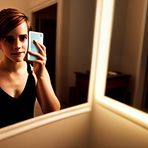  emma watson taking a mirror selfie while smiling and having fun, wide angle, directional light, soft lighting, cinematic, hyperrealistic, 8k, extremely detailed, panoramic, dramatic, landscape, realistic, cinematic light, 8k
