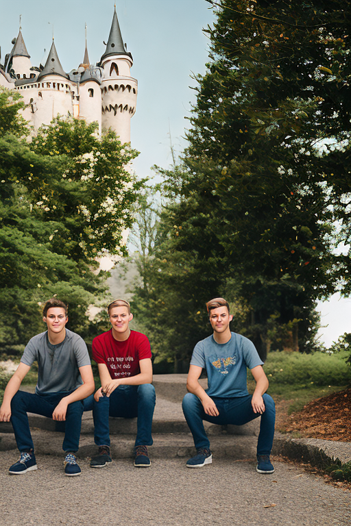 analog style Two Muscular Blond Teen Boys One With Longer Hair and a third boy with curly dark hair all three Wearing Crowns In Front Of A Castle DSLR photography, sharp focus, Unreal Engine 5, Octane Render, Redshift, ((cinematic lighting)), f/1.4, ISO 200, 1/160s, 8K, RAW, unedited, symmetrical balance, in-frame