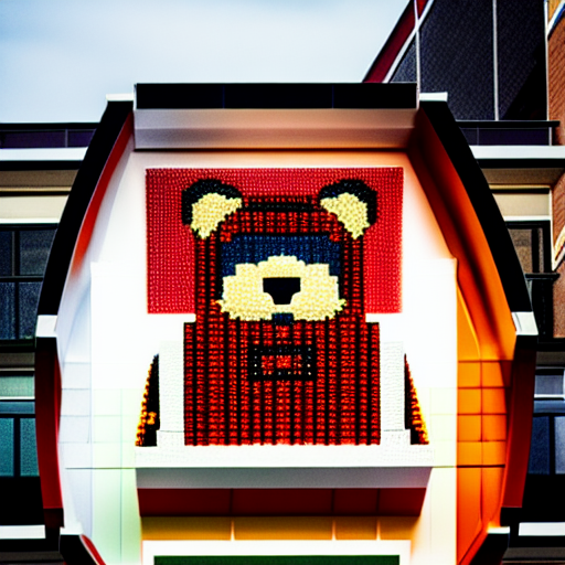  Art object a bear created from huge details of Lego sits, red.